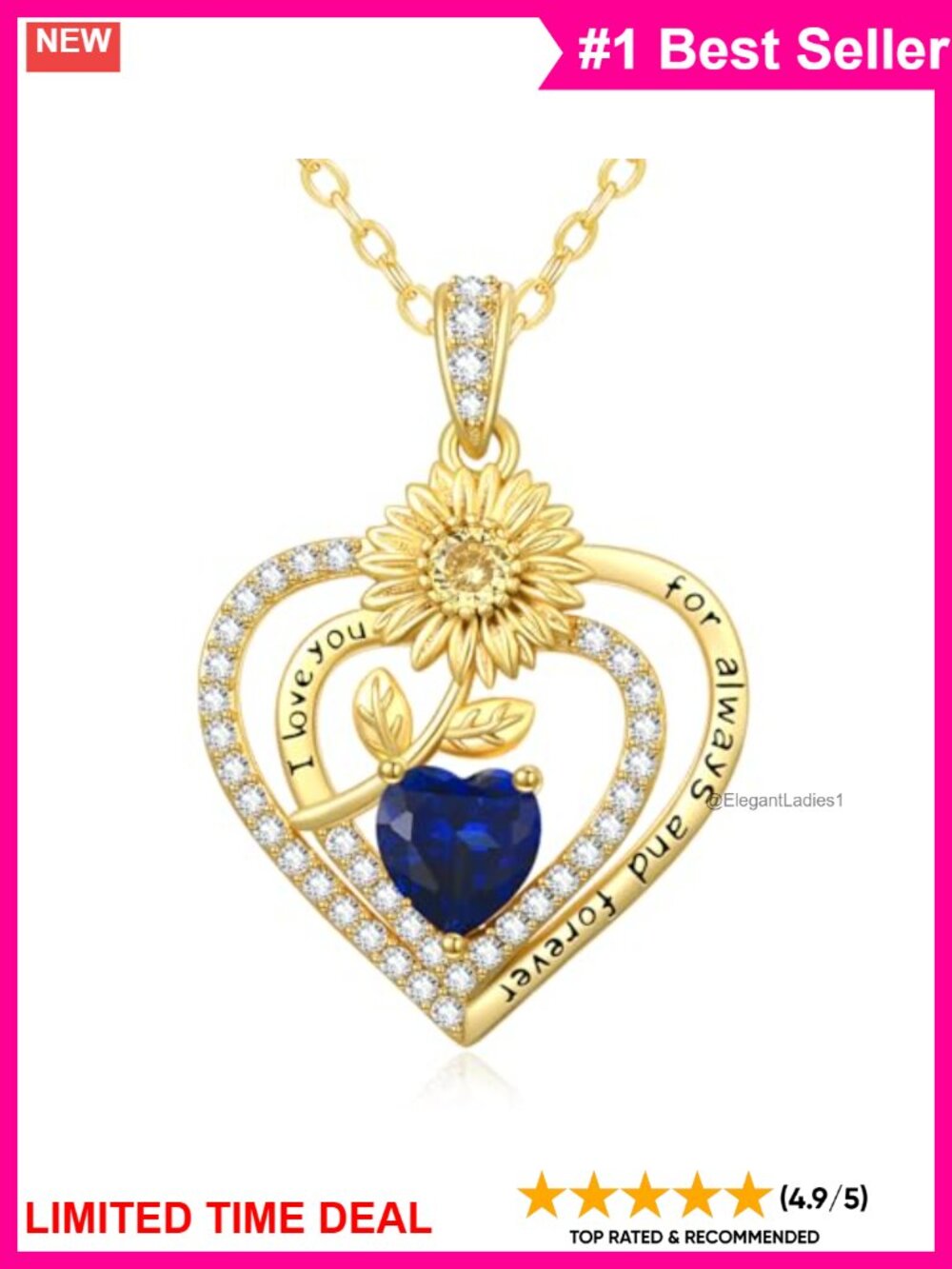 14K Gold Plated Sunflower Heart Birthstone Necklace Hypoallergenic